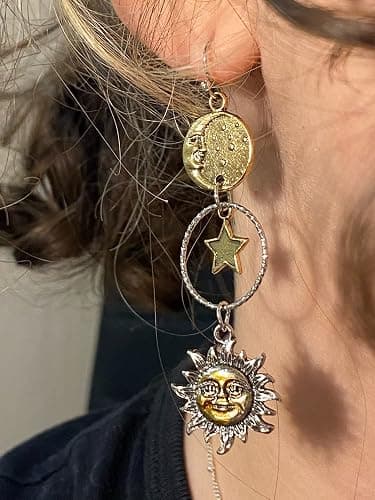 Vintage Sun Moon Star Dangle Earrings for Women, Greek Mythology Asymmetric Drop Earrings (Gold) thumbnail 2