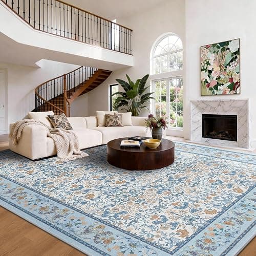 Amada Floral Washable Area Rug,8'x10',Light Blue | For Living Room,Bedroom,Dining Room,Machine Washable,Non-Slip Backing,Low-Profile Pile,Durable Edge Binding,Soft Texture thumbnail 2
