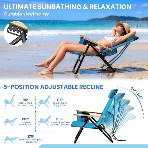 Canpsky 2 Pack Premium 5-Position Reclining Camping Chair - Portable Folding Lightweight Outdoor Chair with Wooden Armrests, Headrest & Pockets, 350lbs Heavy Duty for Beach, Patio, Backyard, Blue thumbnail 4