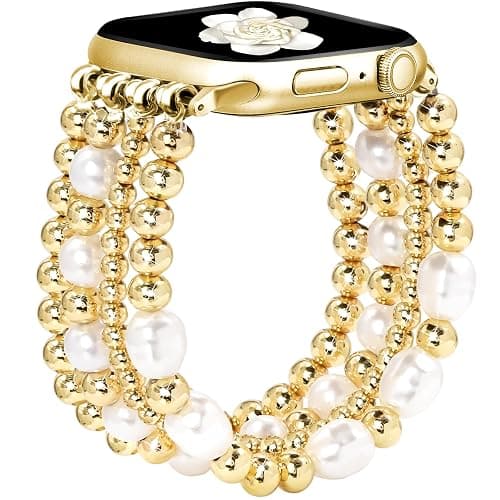 JR.DM Gold Beaded Bracelet Bands Women Compatible with Apple Watch 40mm 42mm(S10/11) 41mm 38mm Dressy Fancy Stretchy Elastic Jewelry Strap Replacement for iWatch Series 11/10/9/8/7/6/5/4/3/2/1/SE - Image 1