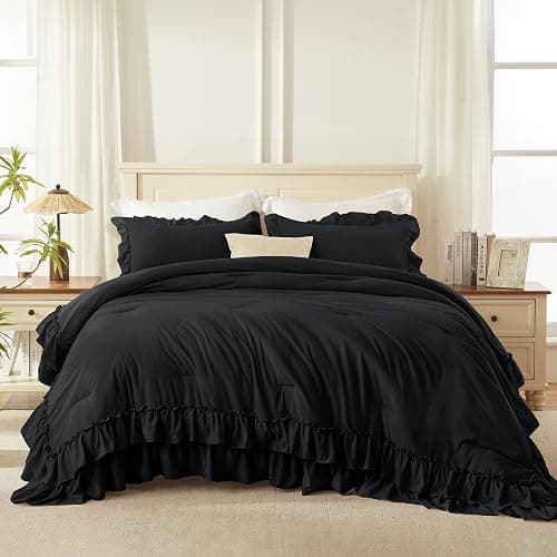 Andency Black Full Size Comforter Set(79x90Inch), 3 Pieces Fluffy Farmhouse Shabby Chic Bedding Comforter Sets, All Season Soft Lightweight Microfiber Bed Set thumbnail 4