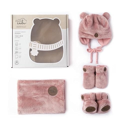 PETIT COULOU Teddy Bear Newborn Baby Gift Box 0-6 Months – Cozy Winter Set with Baby Mittens, Booties, Beanie & Blanket – Perfect New Born Gift for Warmth & Comfort (Pink) - Image 1