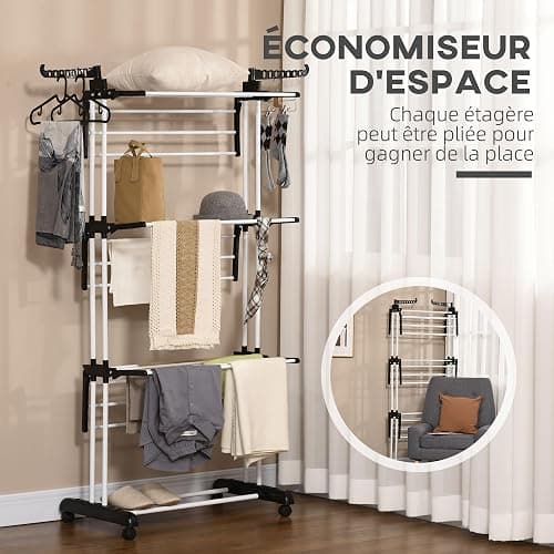 HOMCOM Séchoir étendoir à Linge, sur Roulette, 3 Niveaux, Pliable, avec Ailes latérales, Cadre en Acier, intérieure et extérieure, 73 x 64 x 177 cm, Noir Argent - 125x64x177cm - Argent thumbnail 6