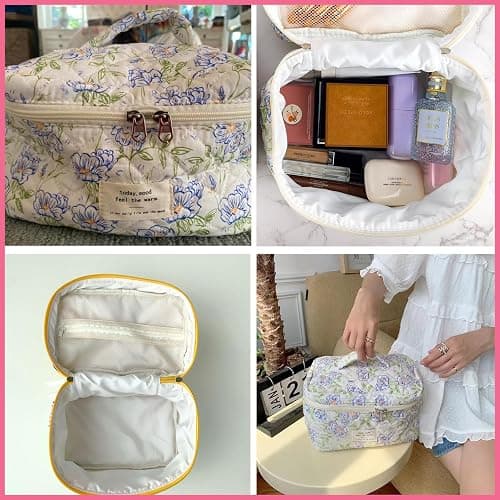 uekeboag Large Travel Quilted Makeup Bag for Women, Floral Cotton Cosmetic Bag, Coquette Aesthetic Floral Toiletry Organizer Bag thumbnail 3
