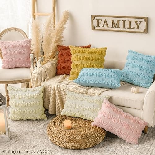 AVOIN colorlife Fall Pumpkin Caramel Throw Pillow Covers, 18 x 18 Inch Seasonal Autumn Thanksgiving Harvest Decoration Soft Plush Faux Fur Jacquard Cushion Case Decoration for Sofa Couch Set of 2 thumbnail 4