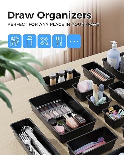 BiuLeon 25 PCS Plastic Drawer Organizers Set, 4-Sizes Vanity and Makeup Organizer, Desk and bathroom Drawer Organizer Trays, Organizers and Storage for Makeup, Jewelry, Gadgets, Utensils (Black) thumbnail 4