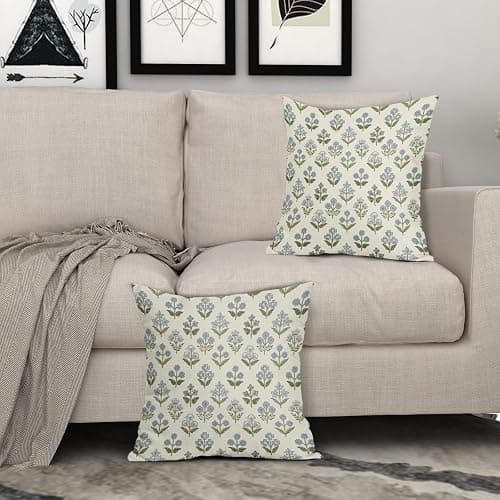 Sivirary Blue Green Block Print Pillow Covers 18x18 Inch Set of 2, Vintage Floral Spring Decorative Throw Pillow Cases Boho Cushion Covers Rustic Decoration Gift Farmhouse Sofa Couch Bed Decor thumbnail 2