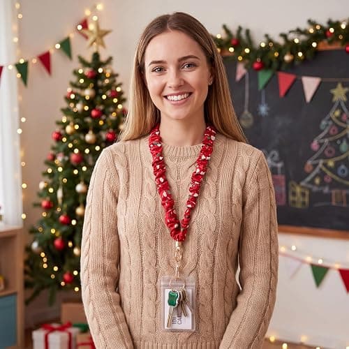 Christmas Scrunchie Lanyard with ID Holder Teacher Gifts Lanyards | Stretchy lanyard design with gold metal buckle for badge holder, keys, cruise cards, school, and office wear thumbnail 2