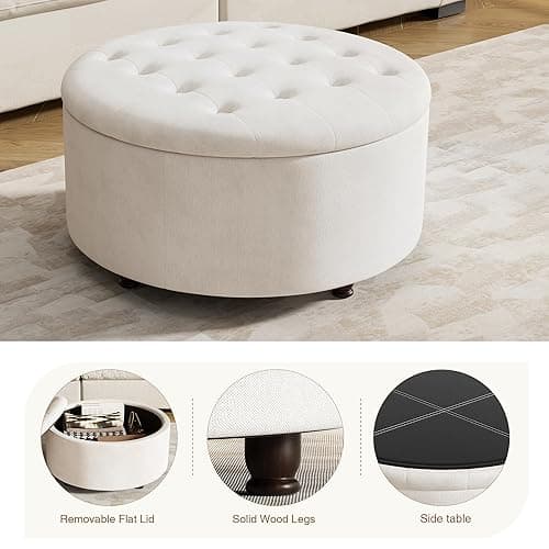 YUUIJOAA 30 Inch Round Storage Ottoman,Modern Tufted Ottomans,Circular Coffee Table with Removable Top,Upholstered Large Ottoman with Storage Footrest Stool for Bedroom Living Room (White) - White thumbnail 7