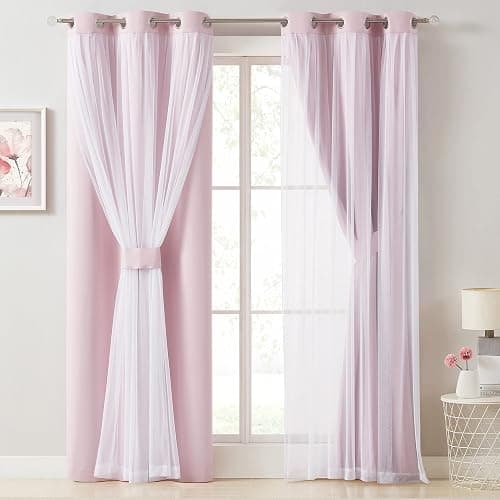 Bujasso Pink Blackout Curtains with Sheer Overlay Mix and Match Double Layer 80% Room Darkening Window Treatment Set for Girls Bedroom Living Room Pink Drapes with Tiebacks Grommet Top 37" Wx84 Lx2 thumbnail 7