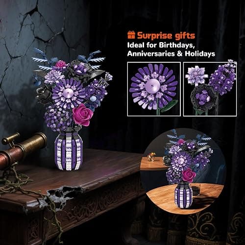 BrixVibe Flowers Building Set Compatible with Lego Flowers, Purple Bouquet Plant with Vase Botanical Collection for Adults & Women & Girl 14+ thumbnail 7