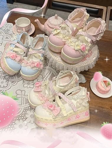 ZQW Women's Kawaii Cute Bow Strawberry Cake Lace Chunky Mary Jane Heels Round Toe Lolita Y2K Aesthetic Platform Wedge Shoes thumbnail 9