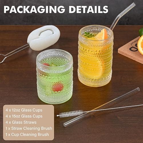ZMOWIPDL Vintage Hobnail Drinking Glasses Set of 8,Clear 12 oz & 15oz Highball Glass Cups, Kitchen Drinkware Glassware,Embossed Water Tumbler,for Beer,Cocktail,Whiskey,Juice and Various Mixed Drinks thumbnail 3