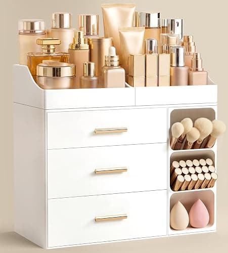 HBlife Makeup Organizer Countertop with Brush Holder,Large Bathroom Counter Organizer with Drawers,Skincare Organizers for Vanity,Plastic Dresser Organizer Storage Gift for Women Girl Mom,All White - Image 1
