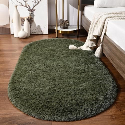 Softlife Fluffy Rugs for Bedroom, Shag Cute Area Rug for Girls/Boys and Kids Baby Room Home Decor, 2.6 x 5.3 Feet Oval Indoor Carpet for Nursery Dorm Living Room, Olive Green - Image 1