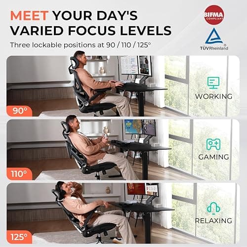 CAPOT Ergonomic Mesh Office Chair, Adjustable Lumbar High Back Desk Chair 400lbs, 4D Flip-up Arms, 3-Level Tilt Backrest, 3D Headrest, PU Wheels, Swivel Rolling Computer Seating for Long Desk Work thumbnail 6