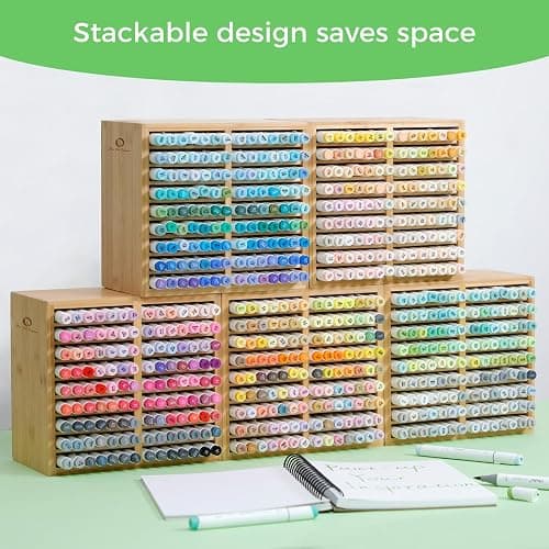 Ohuhu Bamboo Marker Organizer, Wooden Desktop Storage Hold 126 Markers, Pens, Pencils, Art Brushes Stationary Organizer Pencil Holder with 18 Compartments for Home, Classroom, Office Decor thumbnail 9
