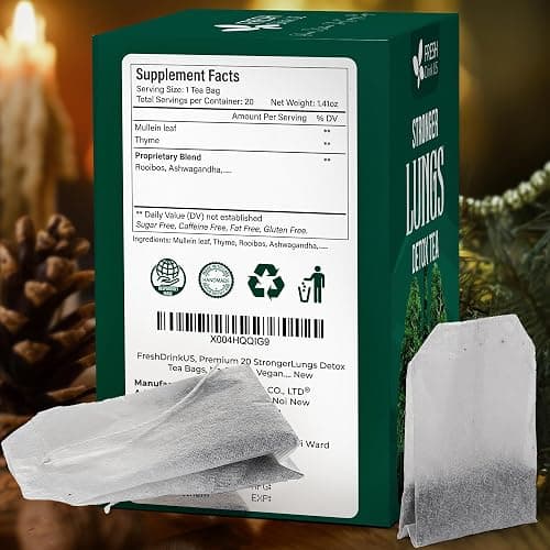 FreshDrinkUS StrongerLungs 20 Tea Bags - Mullein Leaf, Ginseng, Elderberry, Ginger & Thyme - Supports Lung Cleanse, Congestion Relief & Mucus Detox - Caffeine-Free & All-Natural thumbnail 9