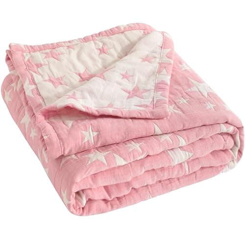NTBAY 3 Layer Toddler Blanket, Muslin Cotton Jacquard Bed Blankets, Lightweight Thermal Baby Blanket, Super Soft and Warm Crib Blanket for All Seasons, Decoration Gift, 30"x40", Pink Star - Image 1