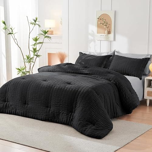 HYMOKEGE Black/Light Grey Queen Comforter Set Seersucker 7 Pieces, All Season Luxury Bed in a Bag for Bedroom, Bedding Set with Comforters, Sheets, Pillowcases & Shams thumbnail 7