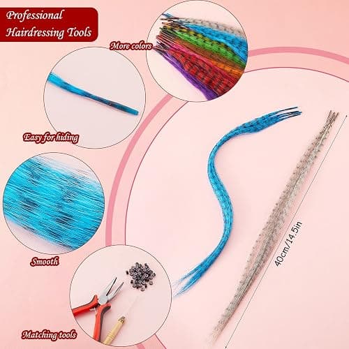 Xinnun 52 Pcs Colored Hair Feathers Extension Kit for Women 13 Colors Long Straight Synthetic Hair Feather 200 Silicone Lined Micro Ring Crochet Hook and Lengthen Remover Plier for Cosplay Party thumbnail 2
