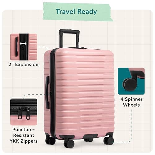 U.S. Traveler Boren Expandable Hardside Rugged Travel Luggage with 8 Spinner Wheels, Rose Pink, Checked-Medium 26-Inch thumbnail 4