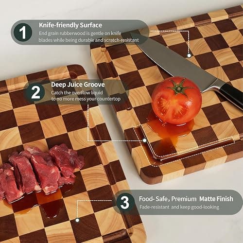 WILLKOMMEN Checkered Cutting Board Set, 3-Piece Wood Checkerboard End Grain Chopping Boards with Holder & Juice Groove Wooden Kitchen Cutting Board for Cooking and Serving (S, M, L) thumbnail 4