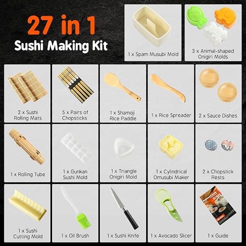 Delamu Sushi Making Kit 27 in 1 [Parent-Child] Sushi Kit, for Beginners/Pros Sushi Makers, with Bamboo Sushi Mats, Sushi Bazooka, Onigiri Mold, Rice Paddle, Sushi Knife, Guide Book & More thumbnail 3