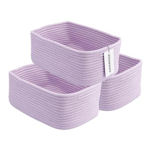 XUANGUO Small Woven Storage Baskets for Shelves, 12" x 8" x 5", Purple | Decorative rope storage bins for closets and toy storage; cute organizer baskets, empty gift baskets and nursery storage. - Image 1