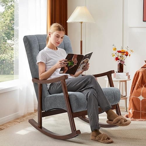 AVAWING Upholstered Rocking Chair with Fabric Padded Seat, Comfortable Rocker Solid Wood for Living Room, Modern High Back Armchair for Adult, Dark Grey thumbnail 2
