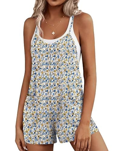 Ekouaer Rompers for Women Summer Casual Sleeveless Short Overalls Boho Spaghetti Strap Shorts Jumpsuit with Pockets - Image 1