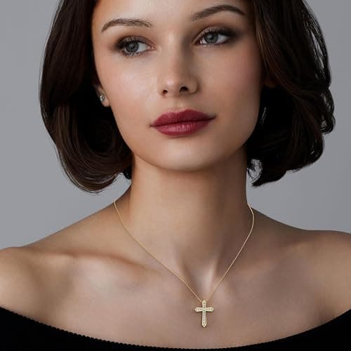 GILDED Itsy Bitsy 1/4 ct. tw. Lab Grown Diamond Classic Cross Pendant Necklace in 14K Gold Plated Sterling Silver | Diamond Line Cross Necklace for Women | 18" Chain thumbnail 4