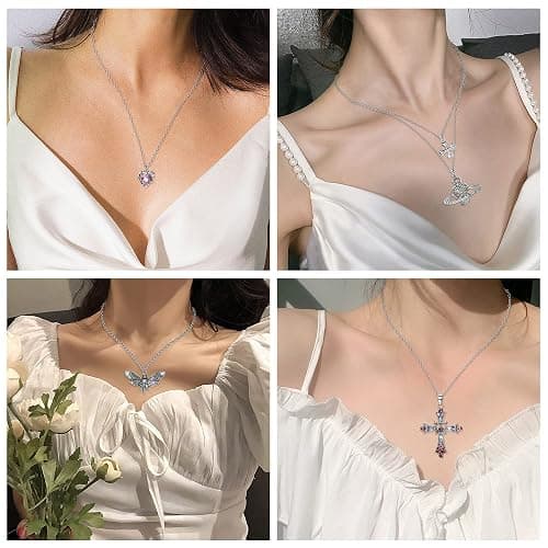 Subiceto Vintage Gothic Necklace Set for Women Punk Grunge Cross Heart Bat Spider Angel Wing Saturn Skull Pendant Layered Choker Statement Necklaces thumbnail 3