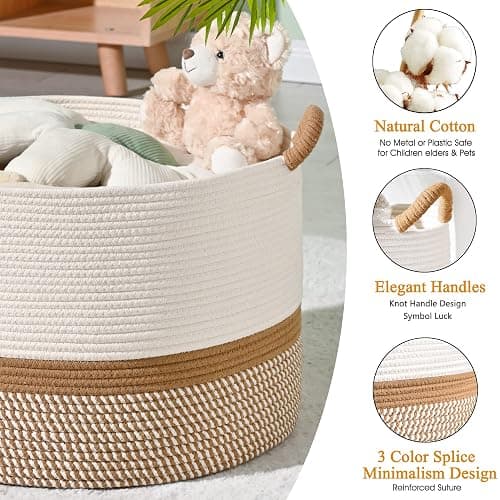 KAKAMAY Large Blanket Basket (20"x13"),Woven Baskets for storage Baby Laundry Hamper, Cotton Rope Blanket Basket for Living Room, Laundry, Nursery, Pillows, Baby Toy chest (White/Brown) thumbnail 7