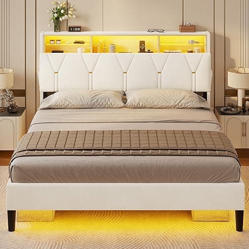 LED Full Bed Frame with Type-C & USB Charging Station, Full Size Bed Frame with Storage Headboard, Modern Velvet Upholstered Platform Bed with Shelf Headboard, Noise-Free, Creamy White thumbnail 4
