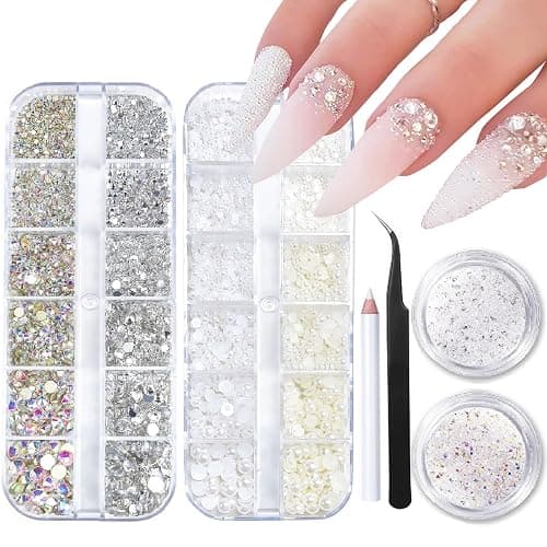 ITPOYOL 4 Boxes Nail Art Rhinestones Flatback Rhinestones Pearls Nail Charms for Acrylic Nails Crystals Nail Art Supplies Half Round Design Nail Gems Nail Pearls Nail Accessories for DIY Nail Decor - Image 1