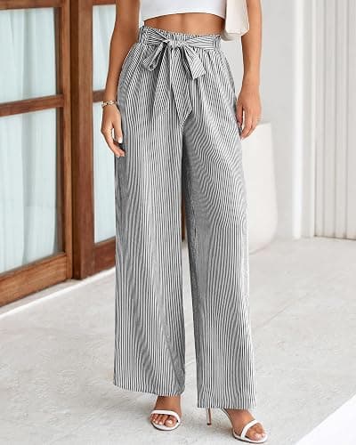 BTFBM Pants for Women 2026 Spring Clothes Striped High Waist Tie Knot Dressy Casual Wide Leg Palazzo Work Trousers Pants thumbnail 7