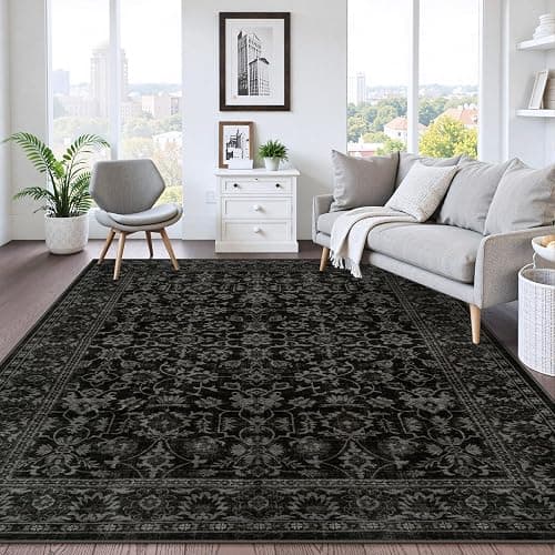 LIVEBOX Washable Area Rug 8x10 - Large Black Boho Living Room Rug Vintage Rugs for Bedroom, Non-Slip Retro Floral Carpet Print Distressed Accent Rugs for Dining Room Home Office thumbnail 3