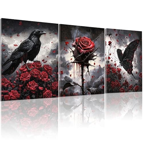 Framed Gothic Wall Art, Romantic Goth Decor, Spooky Dark Crow Flower Butterfly Aesthetic Pictures Decor for Bedroom Living Room Home(Framed, 12x16in, Set of 3, Ready to Hang) - Image 1