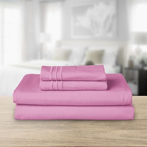 Elegant Comfort Luxurious 1500 Premium Hotel Quality Microfiber Three Line Embroidered Softest 4-Piece Bed Sheet Set, Wrinkle and Fade Resistant, Twin/Twin XL, Light Pink thumbnail 2