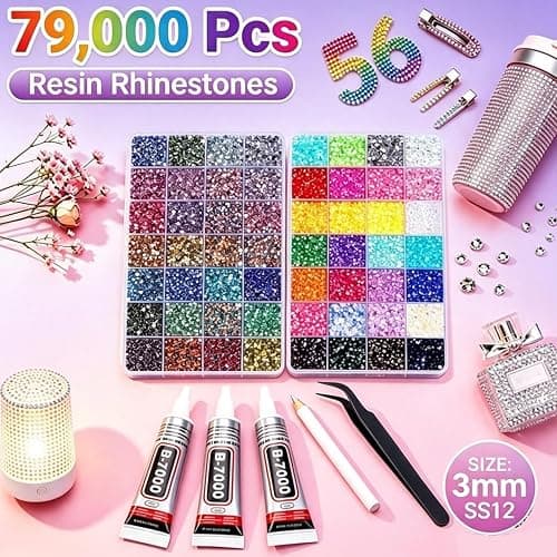 79000Pcs 56 Colors Rhinestones Bedazzling Kit, 3mm Flatback Resin Rhinestones with 3Pcs B7000 Glue Tools All Stored in One Box, Bedazzler Kit with Rhinestones and Tools for DIY Arts Crafts Gifts thumbnail 2