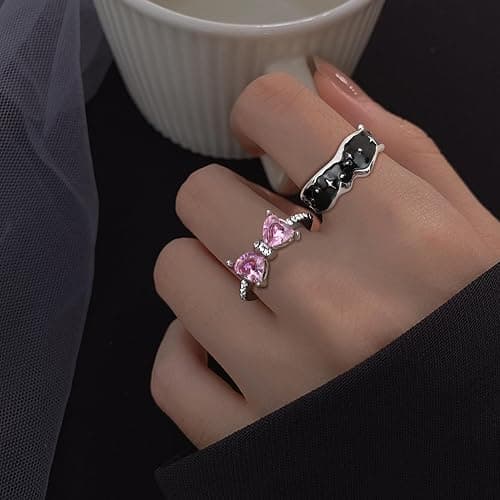 Drperfect 13 PCS Y2k Rings For Women Vintage Irregular Rings for Women Men Chunky Adjustable Rings Gothic Goth Open Moonstone Butterfly Star Pink Heart Cool Statement Ring Aesthetic Accessories Ring Set thumbnail 3