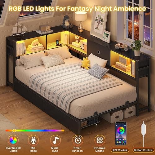 Hasuit Twin Corner Bed Frame with Storage Drawers and Bookcase Headboard, Twin Size Metal Platform Corner Bed Frame with Charging Station and LED Lights, Twin Daybed for Kids Teens Guests, Black thumbnail 6