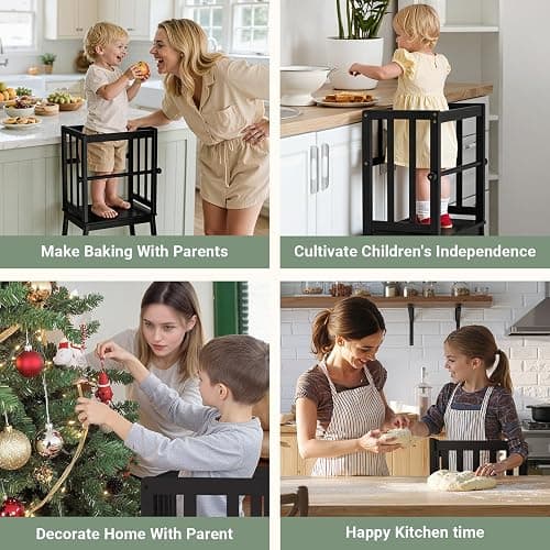 COSYLAND Kids Kitchen Step Stool Helper Baby and Toddler Multi-Function Step up Nursery Helper Stand with Safety Rail in Natural Bamboo, Strong and Lightweight 1.5-3 Years (Black) thumbnail 7