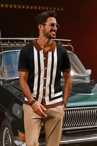 PJ PAUL JONES Mens Polo Shirts Vintage Striped Button Down Knitted Golf Shirts thumbnail 3