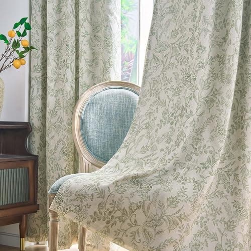 Lazzzy Linen Farmhouse Lined Curtains Green Floral 84 Inch Length Back Tab Drapes for Living Room Bedroom Flower Patterned Country Vintage 2 Panels Set Rod Pocket Green on Beige thumbnail 7