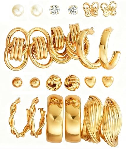 12 Pairs Chunky Gold Hoop Earrings for Women Trendy, Gold Plated Lightweight Hypoallergenic Stack, Thick Open Twisted Huggie Hoops Earring Set - Image 1