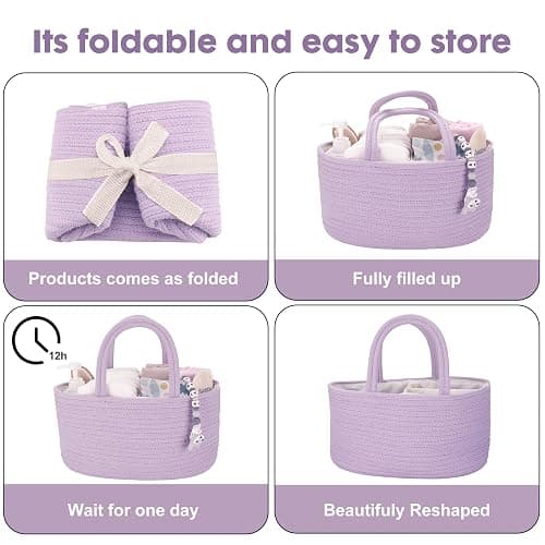 XUANGUO Cotton Rope Baby Diaper Caddy Organizer for Girls Purple Lavender | Nursery Storage Bin, Portable Baby Tote Bag for Changing Table or Car, Baby Shower Gifts Bag, Newborn Essentials, Registry thumbnail 7