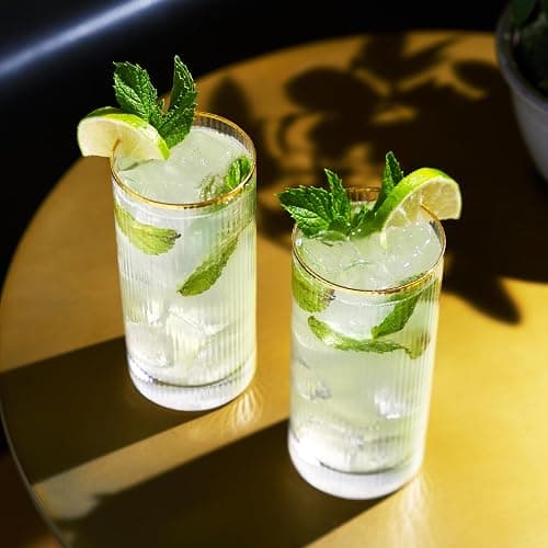 Viski Meridian Highball Glasses Set of 2 - Vintage Drinking Glass, Art Deco Ripple Glassware Design, 15oz Gold Rimmed Collins Glasses Set thumbnail 6