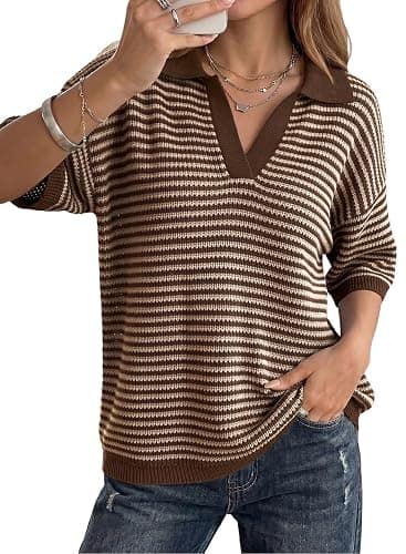 Dokotoo Women's Half Sleeve Striped Sweaters 2026 Collared V Neck Knit Top | Summer Fall Outfits,Polo V Neck,Drop Shoulder Shirts,Oversized,Soft Comfy,Pullovers Knit Tops,Fashion Clothing - Image 1